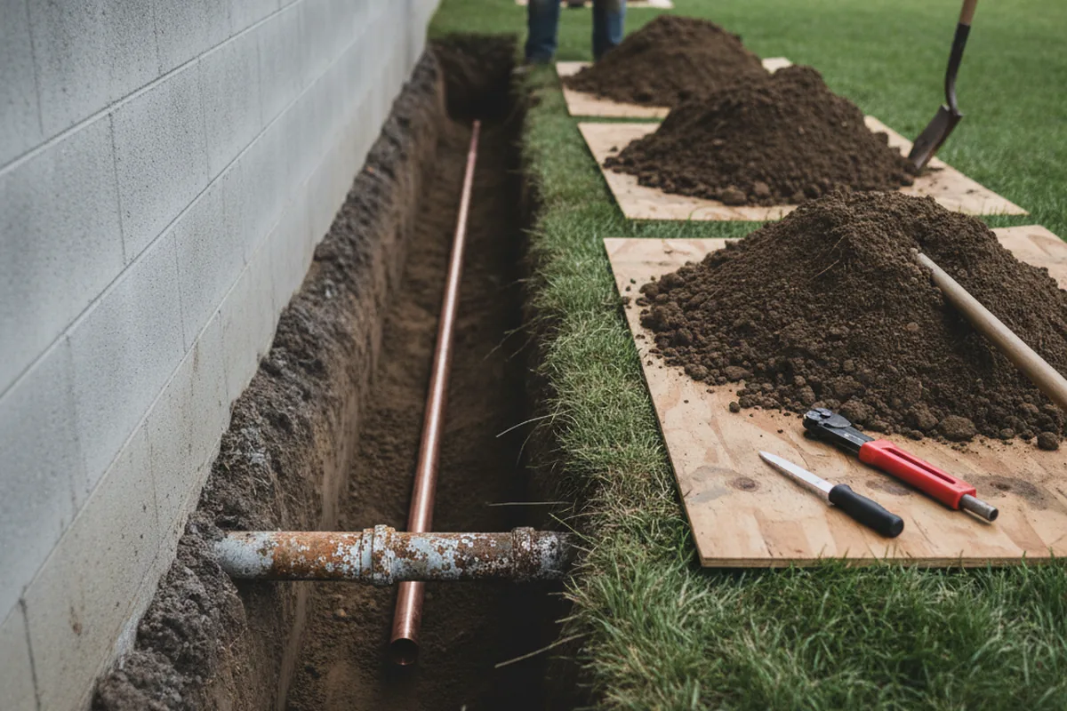 Excavated water line trench during Water Softener Installation in Gouldsboro